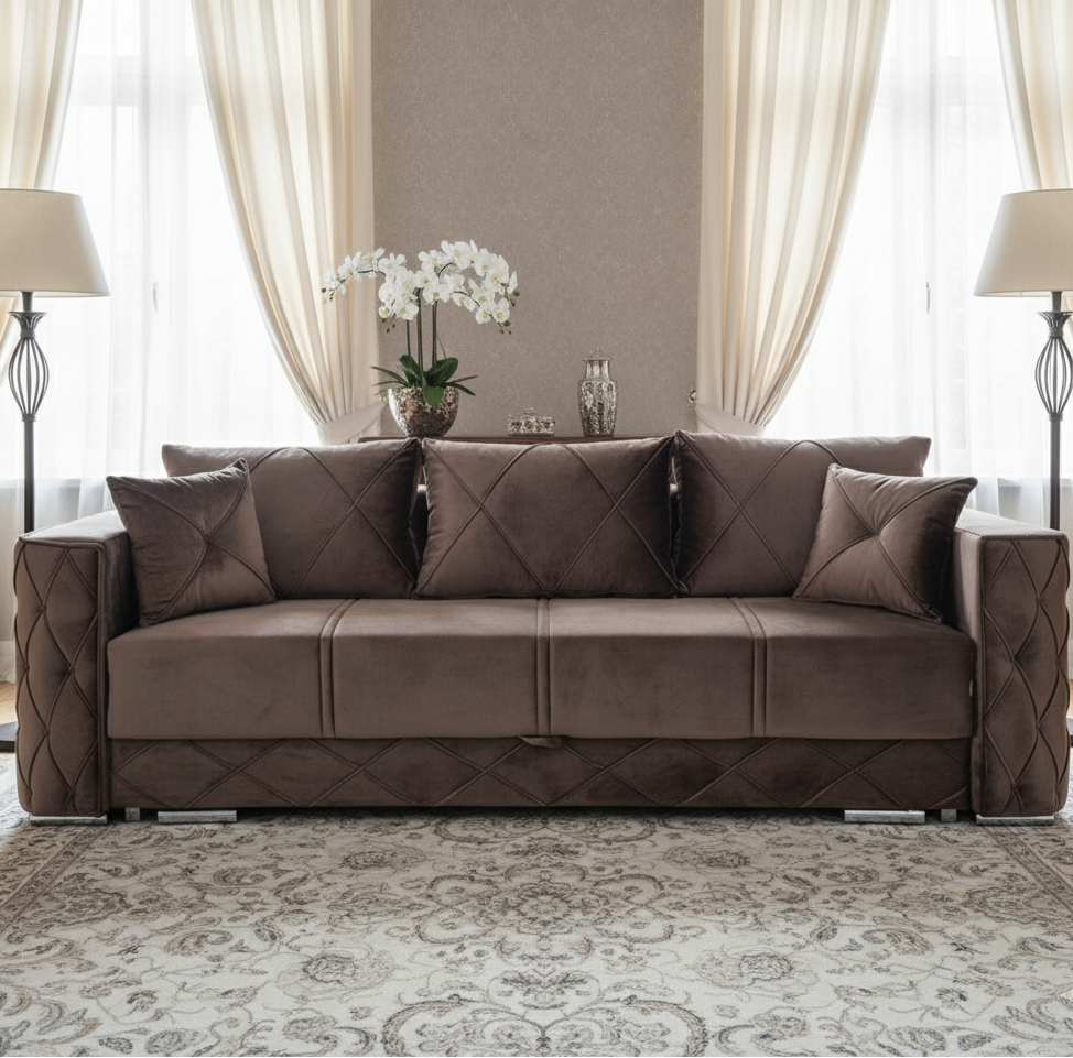 Brown sofa in a living room with decor elements.